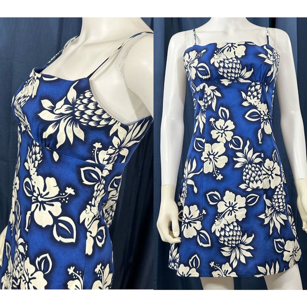 32” Waist M Pineapple Hawaiian Hibiscuses 90s Vintage Blue Dress Made Hawaii